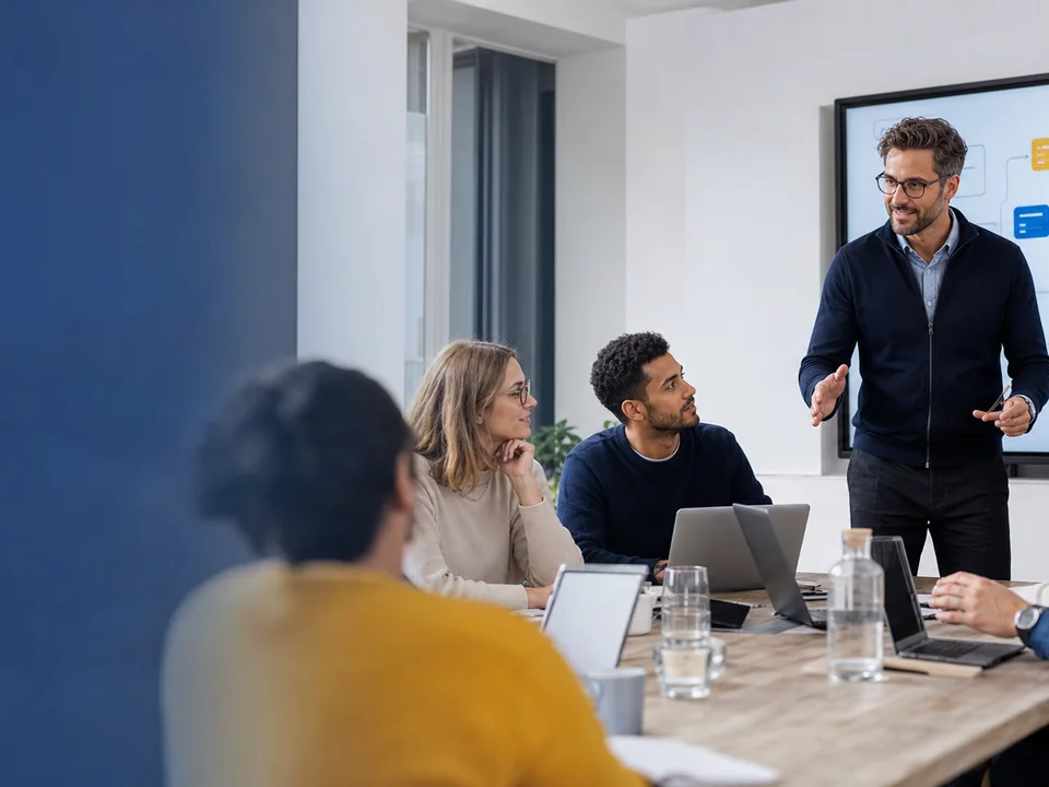 Teilnehmende einer KI-Schulung der Malik Akademie am Arbeitsplatz